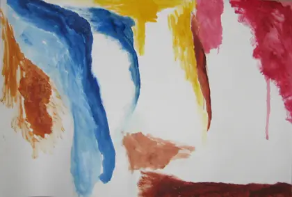 Paintings — Blue, yellow and crimson pours on white