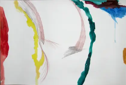 Paintings — Thin coloured arcs and pencil traces on white
