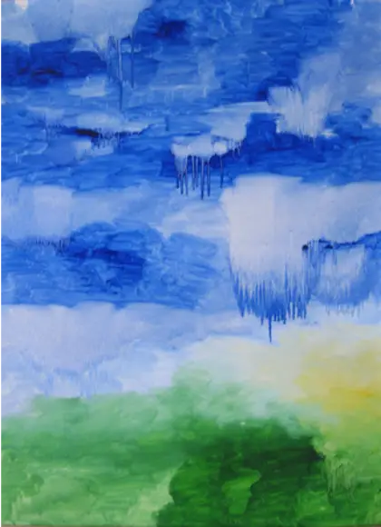 Paintings — Blue sky over a green field, paint dripping down